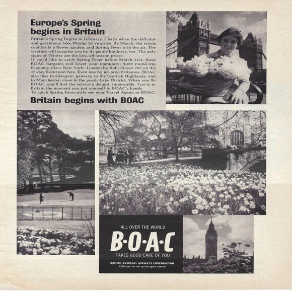 1963 BOAC Europe’s Spring in Britain Begins Vintage Magazine Print Ad/Poster - Picture 1 of 1